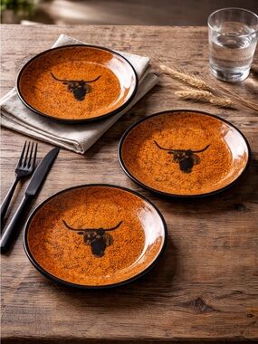 EUC World Stockyard Orange Speckled Plates Longhorn Steer Design Set of 3 Plates